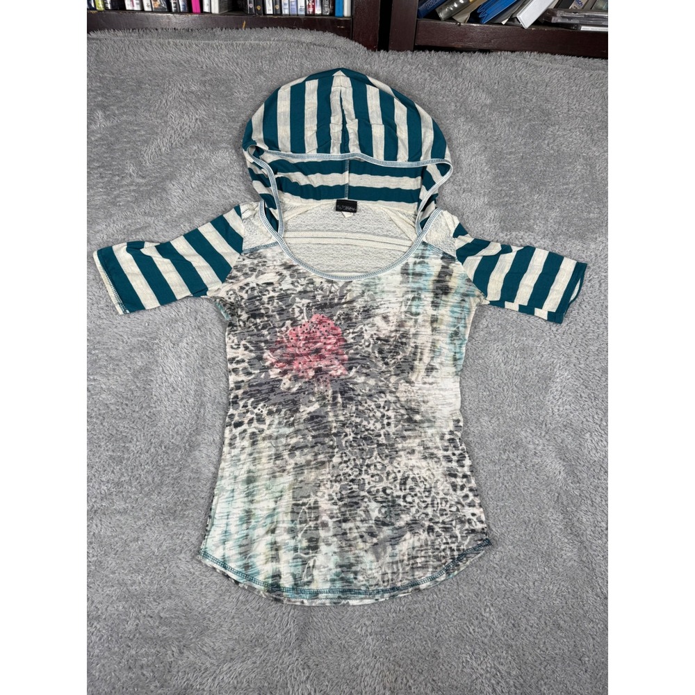 Daytrip Hooded Top Womens L Teal Leopard Floral Rhinestone Y2K Lace 10N93 USA